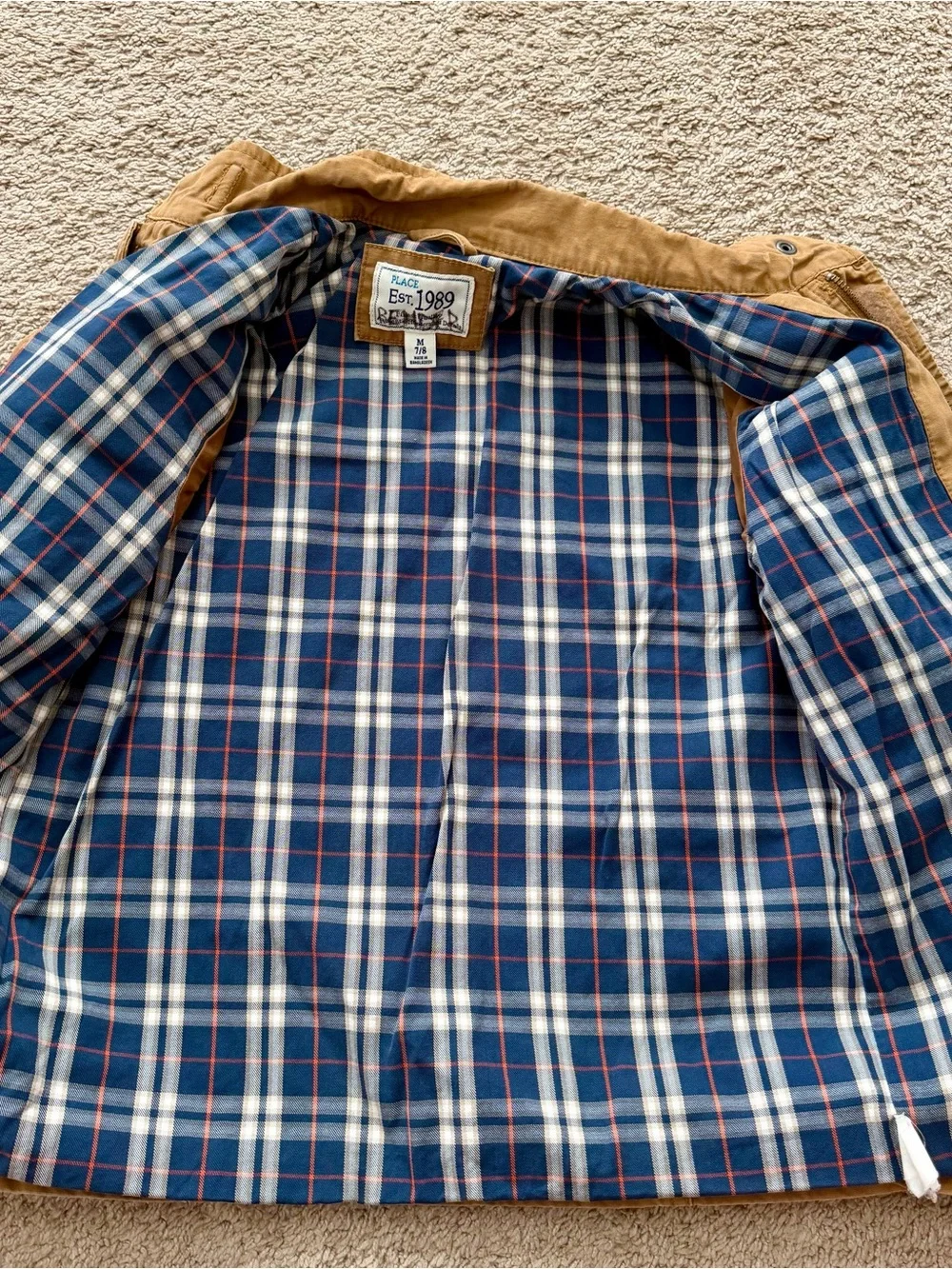Children’s Place Boys Sz 7/8 Khaki Coat Four Pocket Jacket With Zipper Outdoors